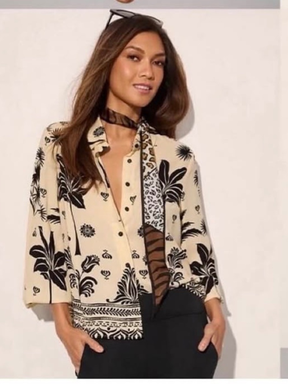CABI Marrakesh Button Up Blouse Black & Cream Flowy Top #6625‎